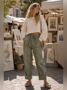 NWT Risen Sage Green Paint Splatter Slouch Barrel Jeans w/ Tie Belt | Size 9/29